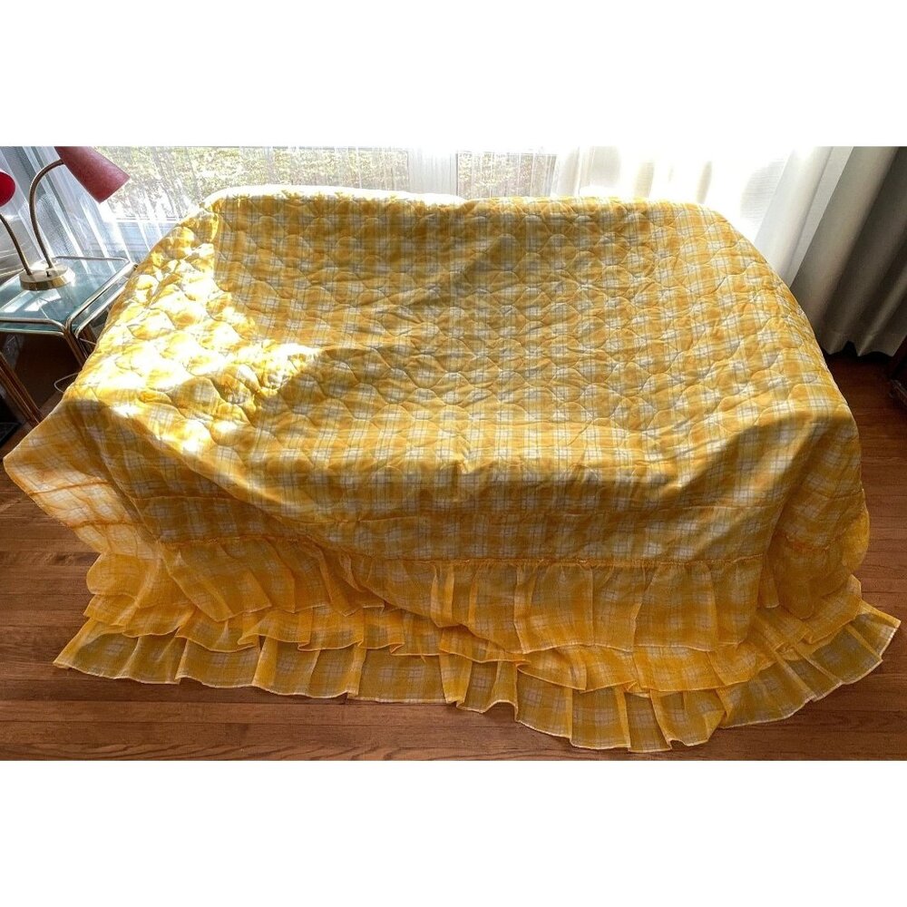 Vintage 70s quilted bedspread, yellow checkered, ruffled satin bed cover, twin